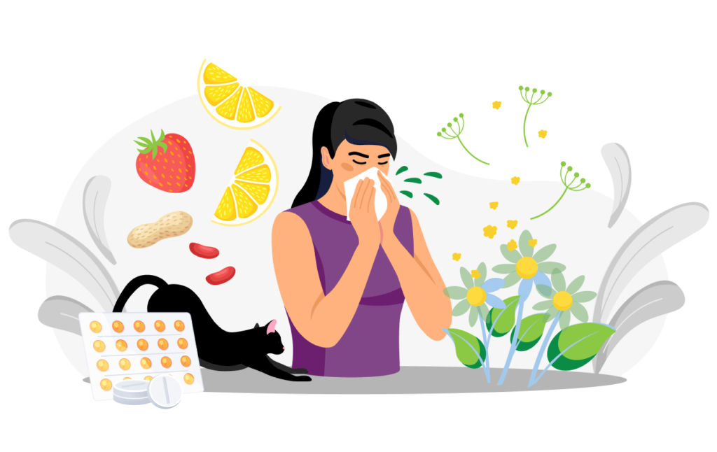 sneezing person is surrounded by fruits, plants, pollen, and cat; blister pack of pills is nearby